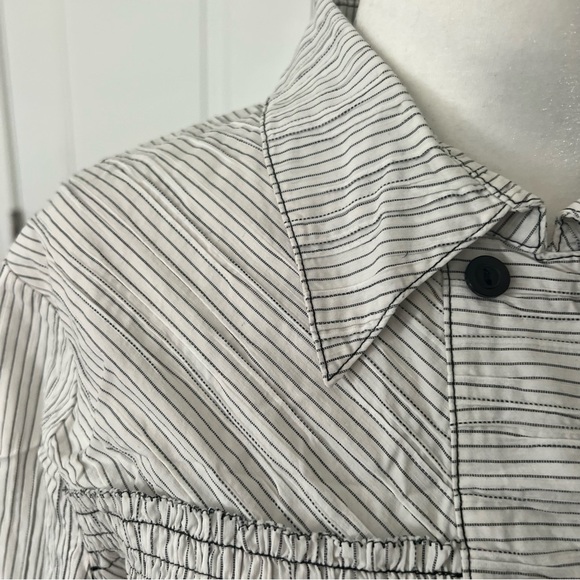 Womens button down collared shirt dress white black stripes pleated size large - Picture 8 of 11